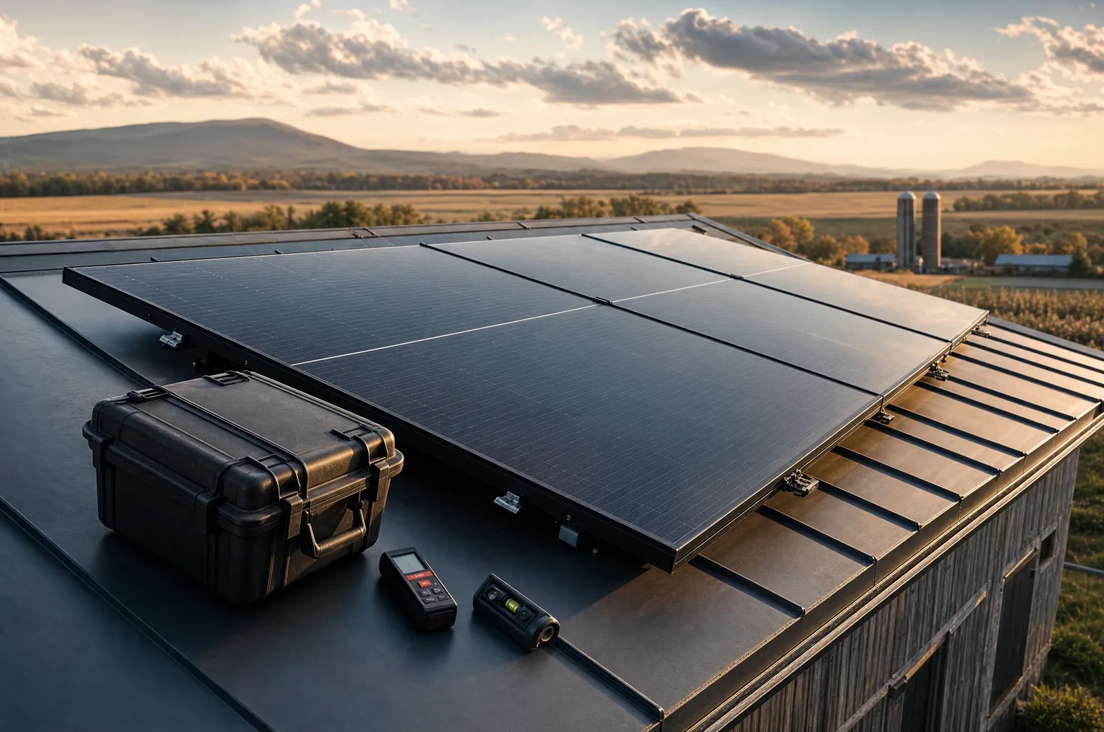 Illustration : toit en tôle d'une ferme québécoise, panneaux solaires neufs et instruments de relevé du toit