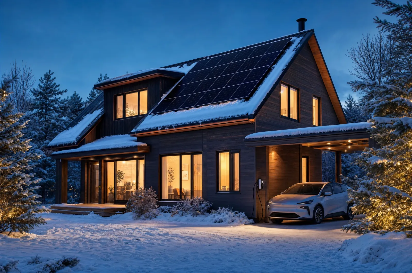 Illustration : maison québécoise en hiver à l'heure bleue, panneaux solaires au toit et voiture électrique en recharge
